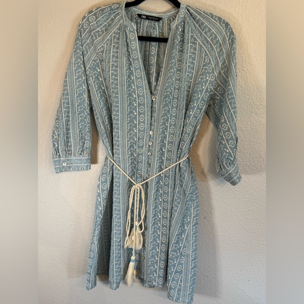 Zara Light Blue Embroidered Dress Size XS